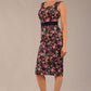 brunette model is wearing a diva catwalk June Floral Sleeveless Navy Waistband Pencil Dress in Navy Spring Rose front image