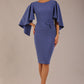 brunette model is wearing a diva catwalk Luella Dolman Sleeve Knee-Length Pencil Dress round neckline with a Four-petal floral detail at the waist and Soft V-shaped back neckline in dutch blue colour front 