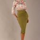 Model wearing the Rockwell 3/4 sleeve satin top in Lush Garden print, styled with an olive green pencil skirt.