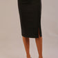 Close-up of the Claudette pencil skirt in black, highlighting the side button and pleating details.