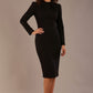 Model wearing the Keanu high-neck floral jacquard jacket styled with a navy pencil skirt in black