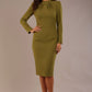 Model wearing the Keanu high-neck floral jacquard jacket styled with a navy pencil skirt in green