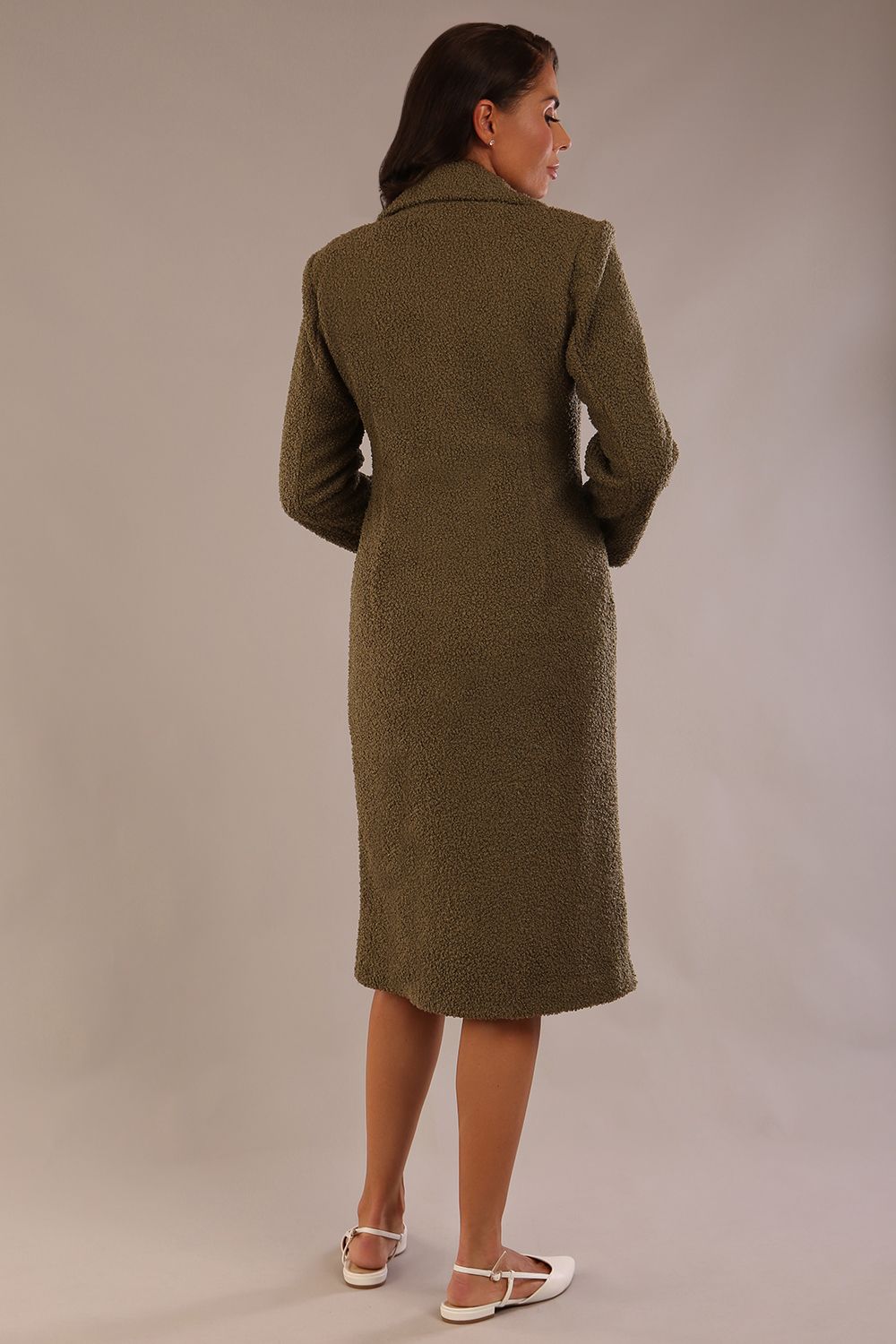 Back view of the Ambrose midi coat in olive green, showing its clean lines and tailored fit.