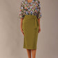 Model wearing an Oasis Green Hedy pencil skirt with a draped front and a sophisticated floral top