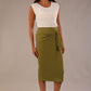 Model wearing an Oasis Green Hedy pencil skirt with a draped front and a sophisticated white top