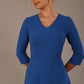  Model wearing the Nova V-neck A-line midaxi dress in vibrant imperial blue close up