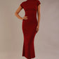 Model wearing the Kaden high neck midaxi dress in claret red, showing the sleek silhouette and cap sleeves against a plain background