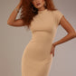 Model wearing the Kaden high neck midaxi dress in cafe au lait cream, showing the sleek silhouette and cap sleeves. against a plain background (Cafe au Lait Cream)