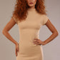 Model wearing the Kaden high neck midaxi dress in cafe au lait cream, showing the sleek silhouette and cap sleeves. against a plain background (Cafe au Lait Cream)