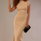 Model wearing the Kaden high neck midaxi dress in cafe au lait cream, showing the sleek silhouette and cap sleeves. against a plain background (Cafe au Lait Cream)