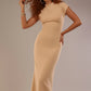 Model wearing the Kaden high neck midaxi dress in cafe au lait cream, showing the sleek silhouette and cap sleeves. against a plain background (Cafe au Lait Cream)