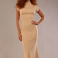 Model wearing the Kaden high neck midaxi dress in cafe au lait cream, showing the sleek silhouette and cap sleeves. against a plain background (Cafe au Lait Cream)