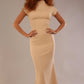 Model wearing the Kaden high neck midaxi dress in cafe au lait cream, showing the sleek silhouette and cap sleeves. against a plain background (Cafe au Lait Cream)