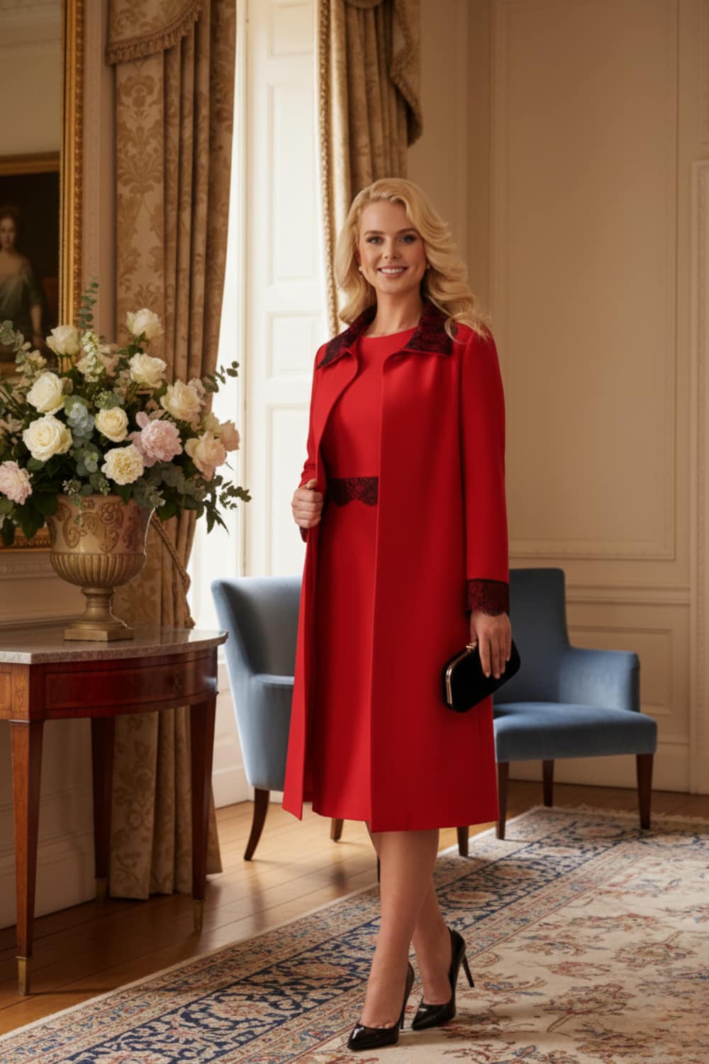 Model wearing the Haven lace trim midi coat in salsa red, styled with the matching Lovell dress (Salsa Red)
