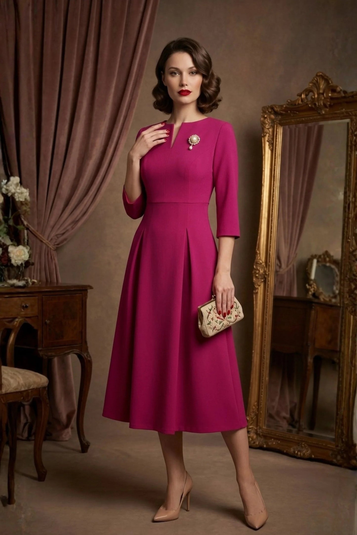 Woman wearing a diva catwalk Amanda Pleated a-line dress in a magenta pink colour standing in a room with a mirror and furniture (Magenta)