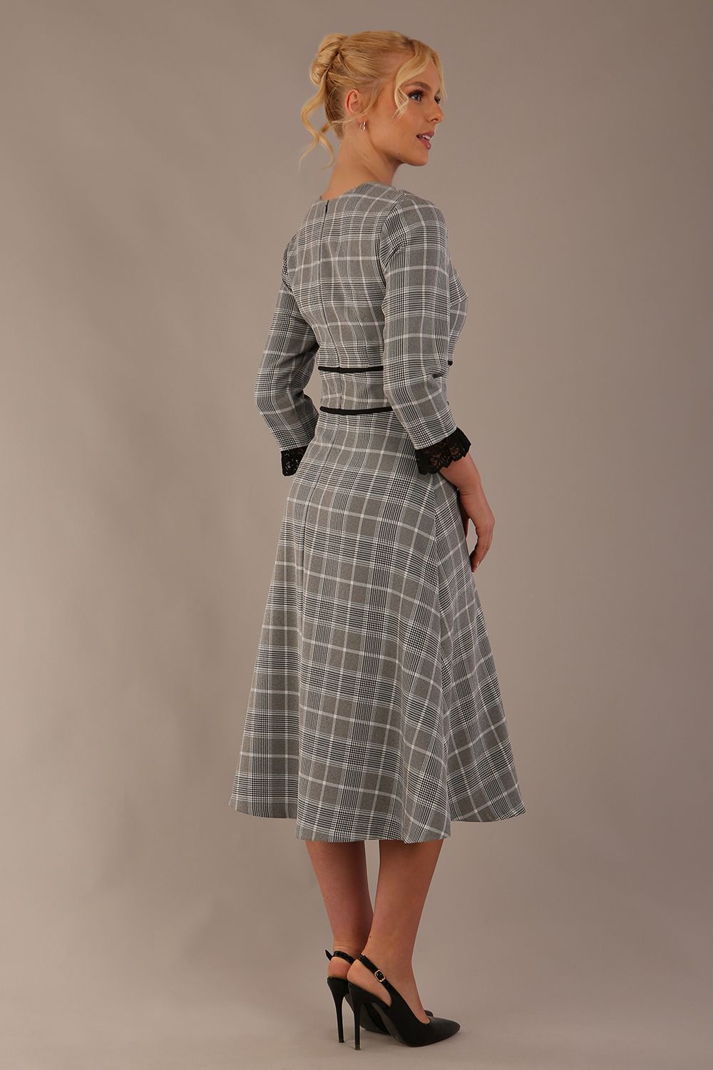 Back view of the Hendricks check midi dress, showing the defined waistbands and A-line skirt.