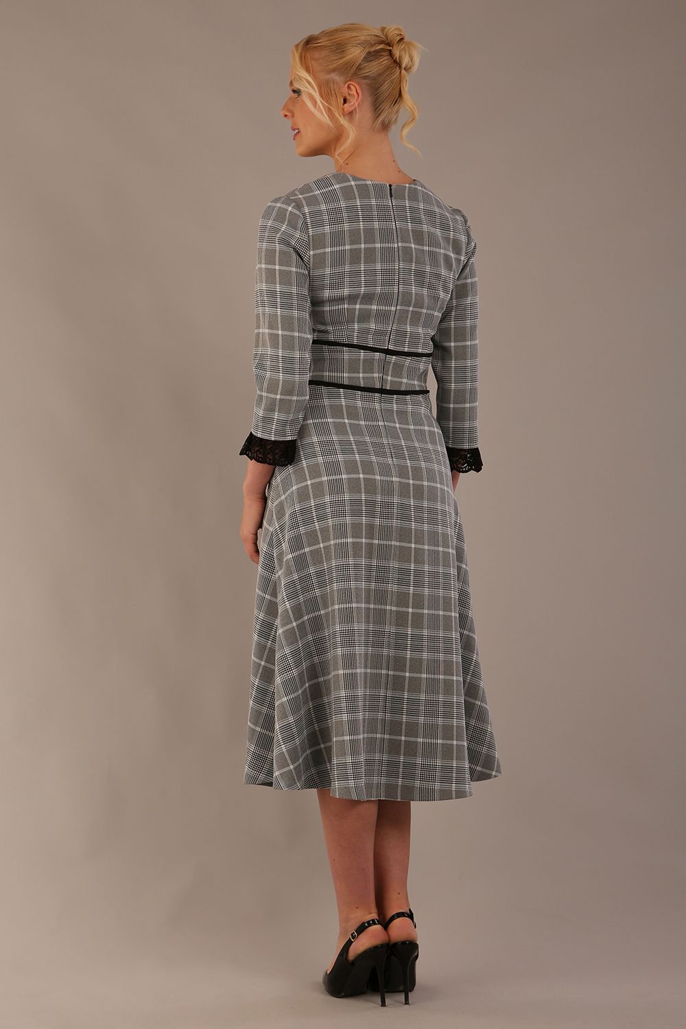 Back view of the Hendricks check midi dress, showing the defined waistbands and A-line skirt.
