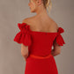 Close-up back view of the Harmony Bardot dress bodice, showing the zip and contrast waistband detail. (Passion Red & Fire Orange Satin)