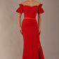 Model wearing the Harmony red Bardot ruffle maxi dress, showing the off-the-shoulder sleeves and high side split (Passion Red & Fire Orange Satin)