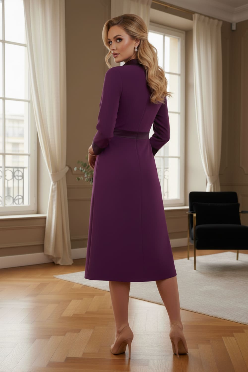 Back view of the Sybil dress in imperial purple, showing the elegant high back with its split satin collar detail. (Imperial Purple)