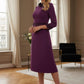 Model wearing the Sybil A-line midi dress in imperial purple with a satin cowl neck and waistband. (Imperial Purple)
