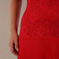 Close-up of the intricate floral lace bodice on the Ayesha dress in passion red.  (Passion Red)