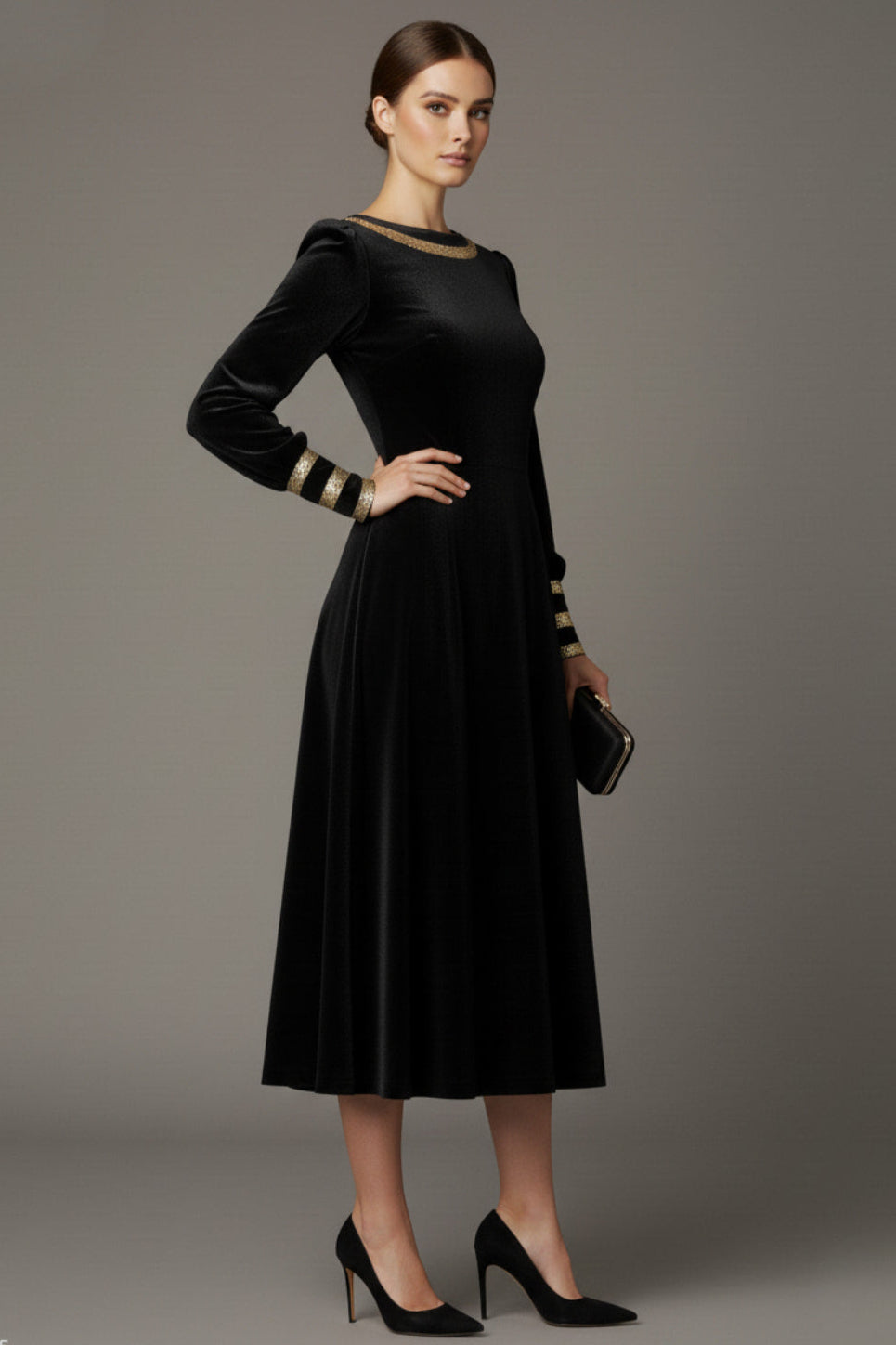 Model wearing the diva catwalk Spinetti long-sleeved jewelled velvet midi dress in black (Black Velvet with Sherwood Glitter Contrast)
