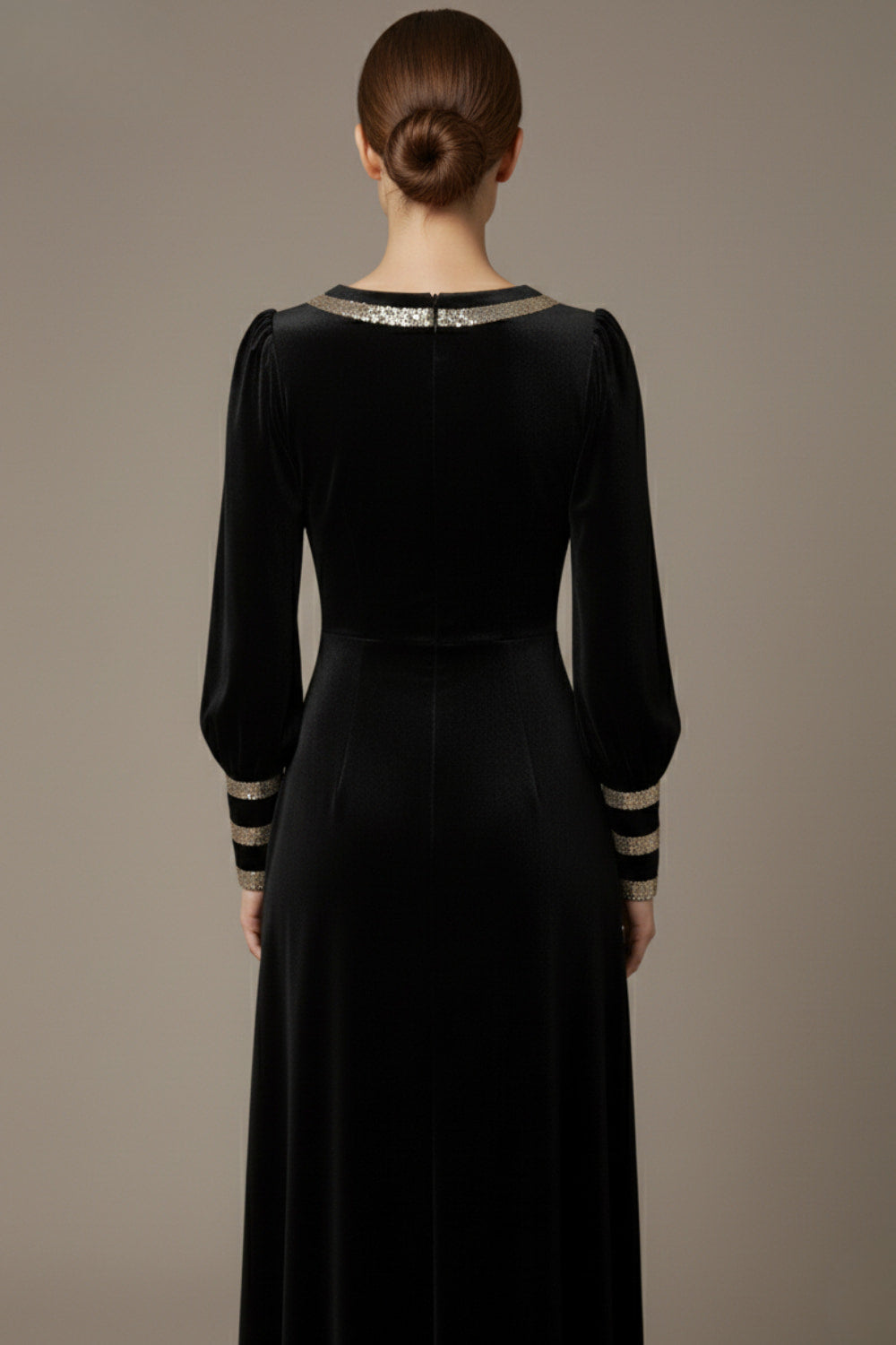 Model wearing the diva catwalk Spinetti long-sleeved jewelled velvet midi dress in black back view