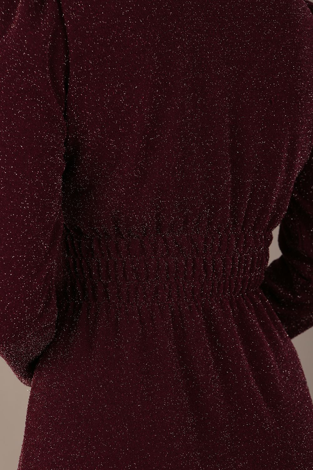 close-up Back view of the Calvert sparkle midi dress, showing the gathered waistband and clean silhouette (Burgundy Sparkle)
