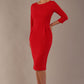 Model wearing the Makepiece tulip skirt tailored dress in scarlet red, featuring an elegant boat neckline (Scarlet Red)