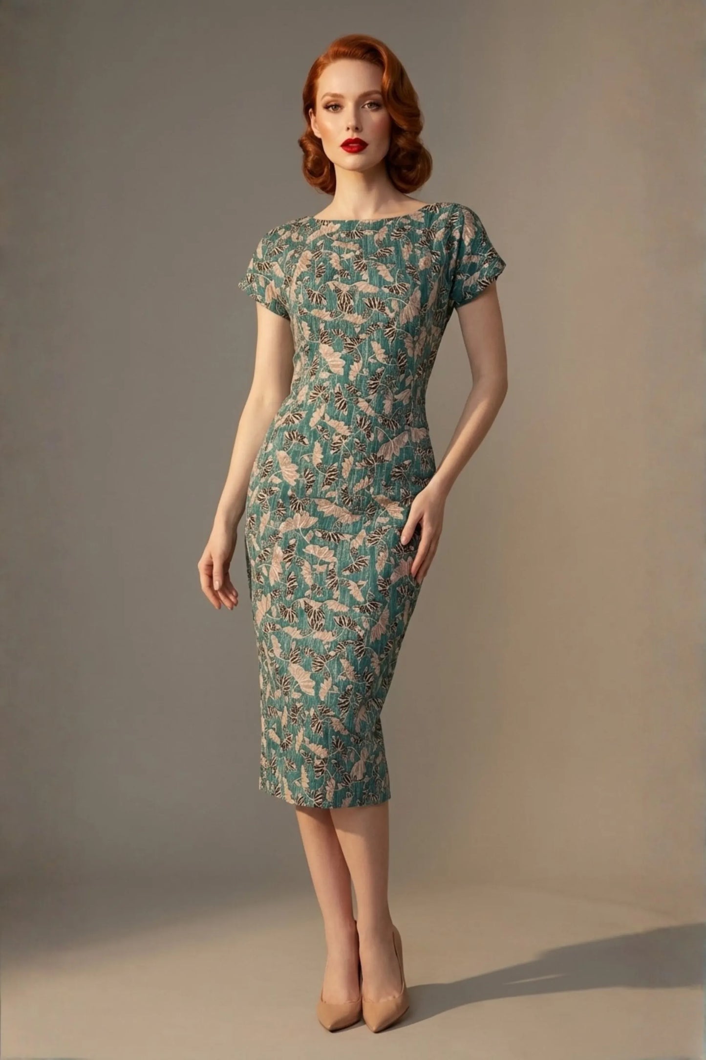 Woman wearing a diva catwalk Magritte Vintage Floral Cotton Pencil Dress, floral dress against a plain background (Vintage Floral Print)