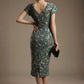Woman wearing a diva catwalk Magritte Vintage Floral Cotton Pencil Dress, floral dress against a plain background (Vintage Floral Print)