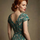 Woman wearing a diva catwalk Magritte Vintage Floral Cotton Pencil Dress, floral dress against a plain background (Vintage Floral Print)