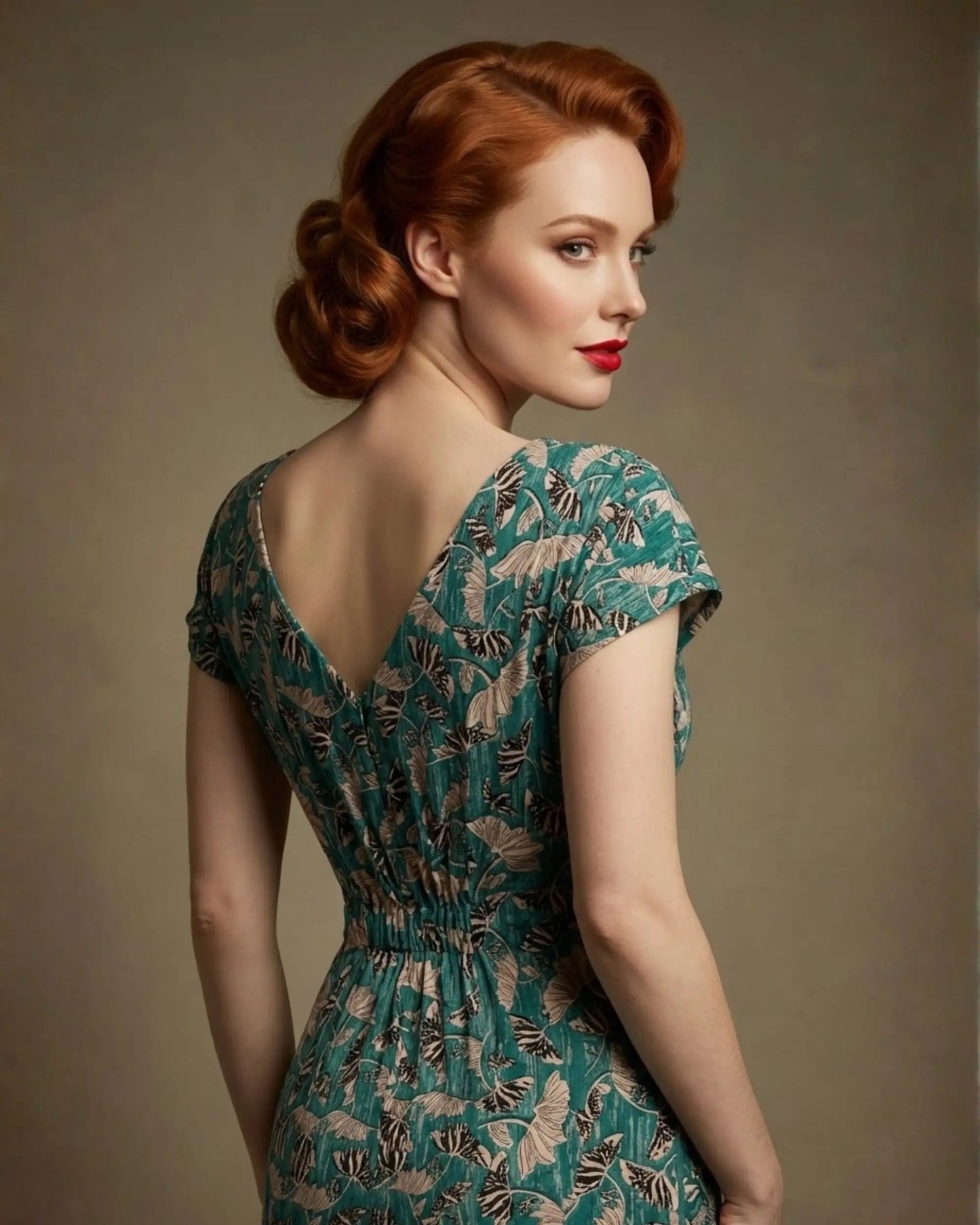 Woman wearing a diva catwalk Magritte Vintage Floral Cotton Pencil Dress, floral dress against a plain background (Vintage Floral Print)