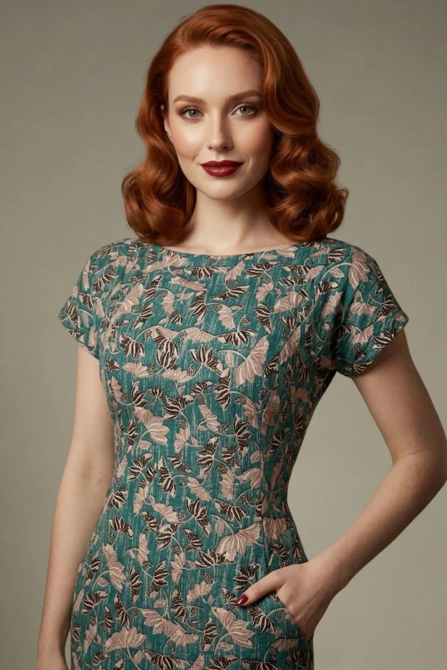Woman wearing a diva catwalk Magritte Vintage Floral Cotton Pencil Dress, floral dress against a plain background (Vintage Floral Print)