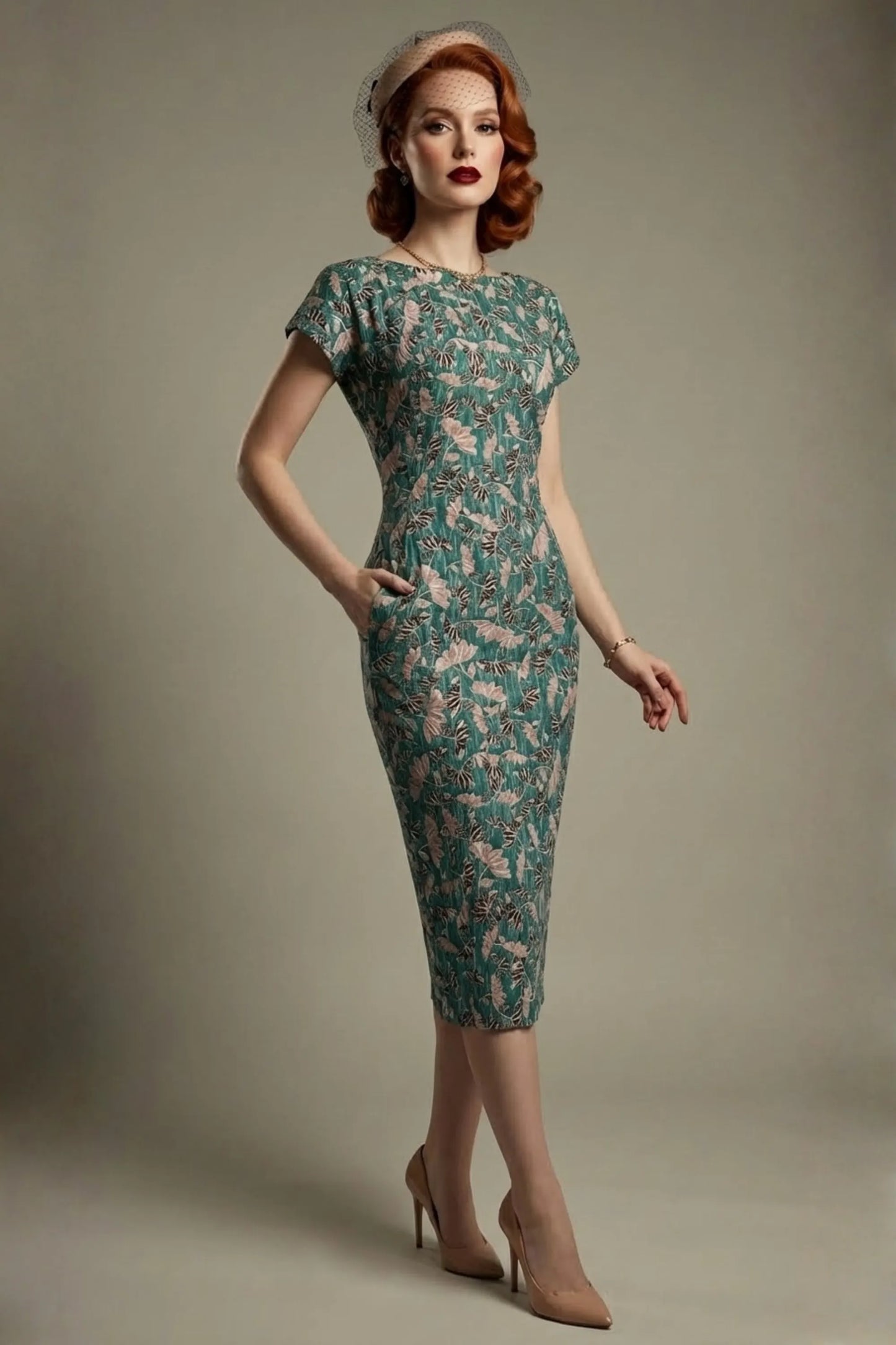 Woman wearing a diva catwalk Magritte Vintage Floral Cotton Pencil Dress, floral dress against a plain background (Vintage Floral Print)