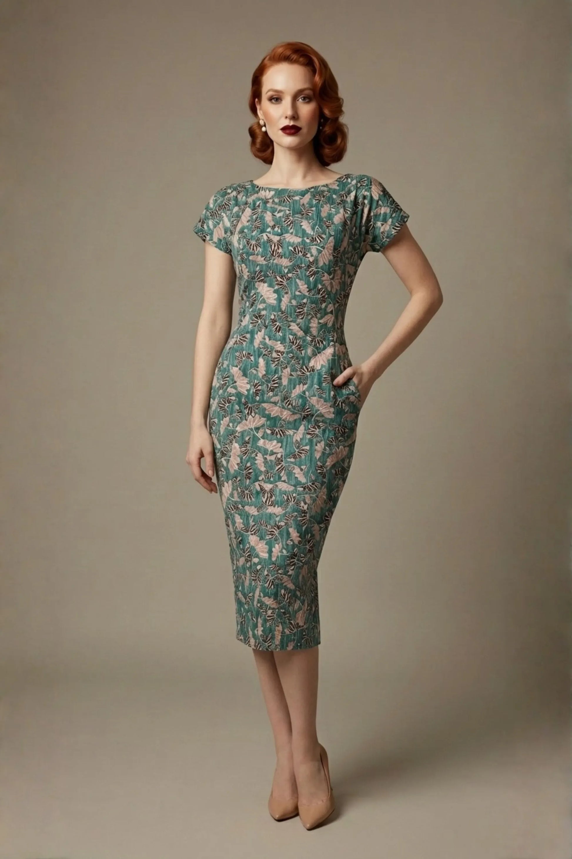 Woman wearing a diva catwalk Magritte Vintage Floral Cotton Pencil Dress, floral dress against a plain background (Vintage Floral Print)
