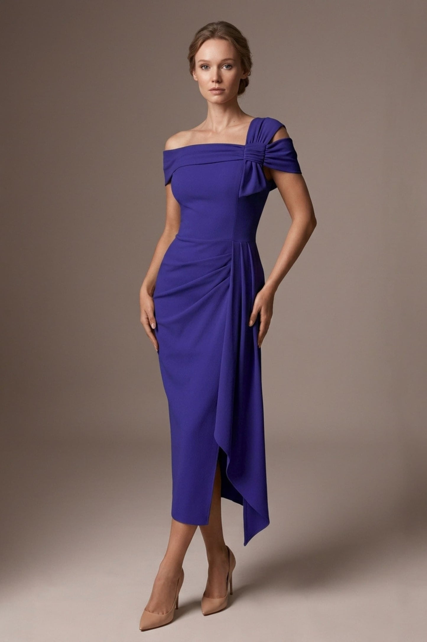 Olina Sculptural Off-The-Shoulder Drape Dress