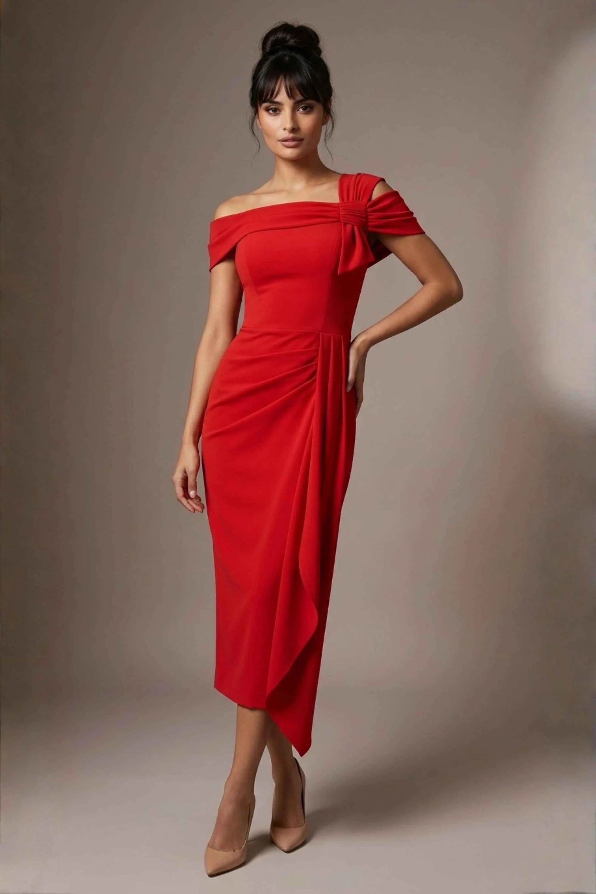 Olina Sculptural Off-The-Shoulder Drape Dress