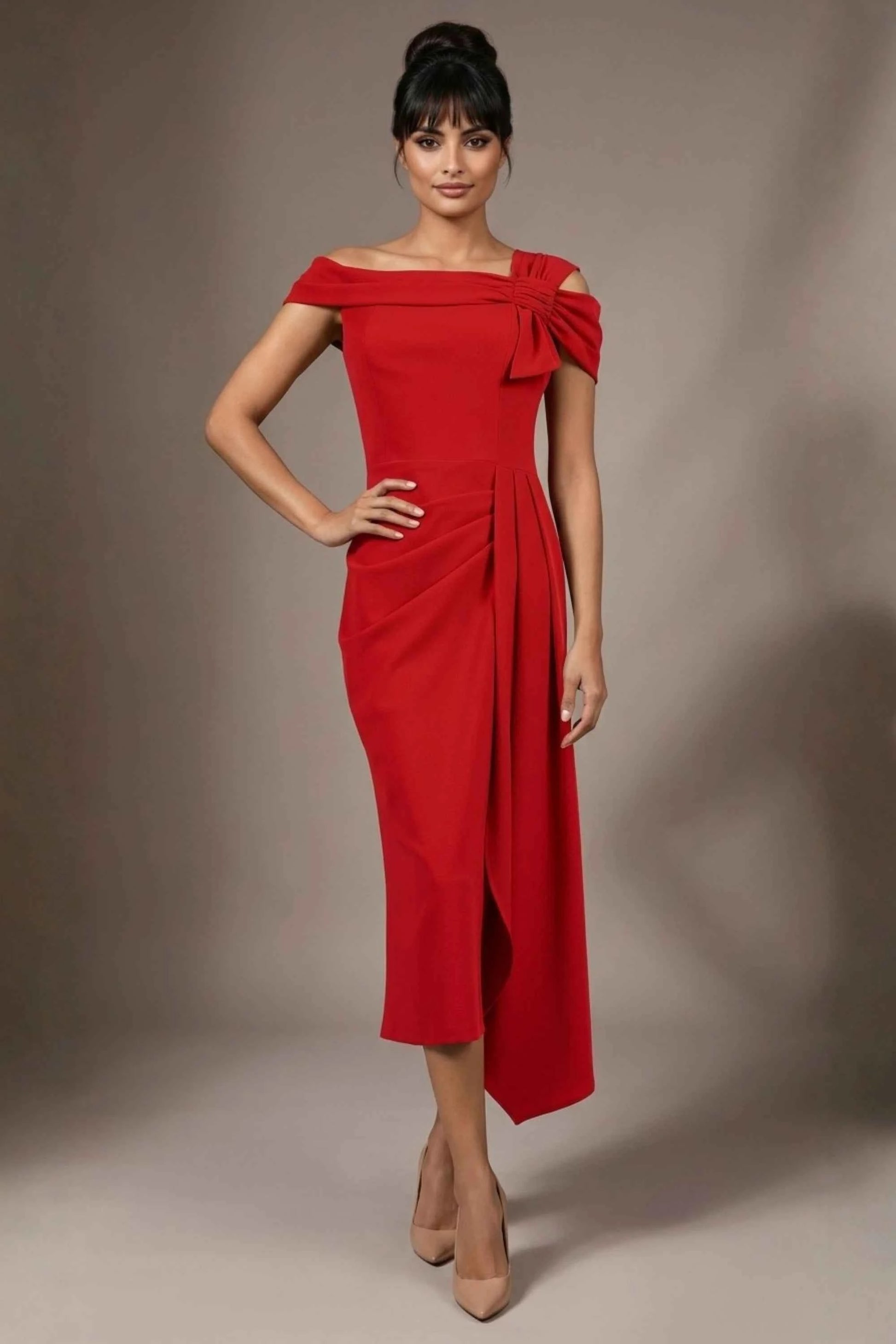 Olina Sculptural Off-The-Shoulder Drape Dress