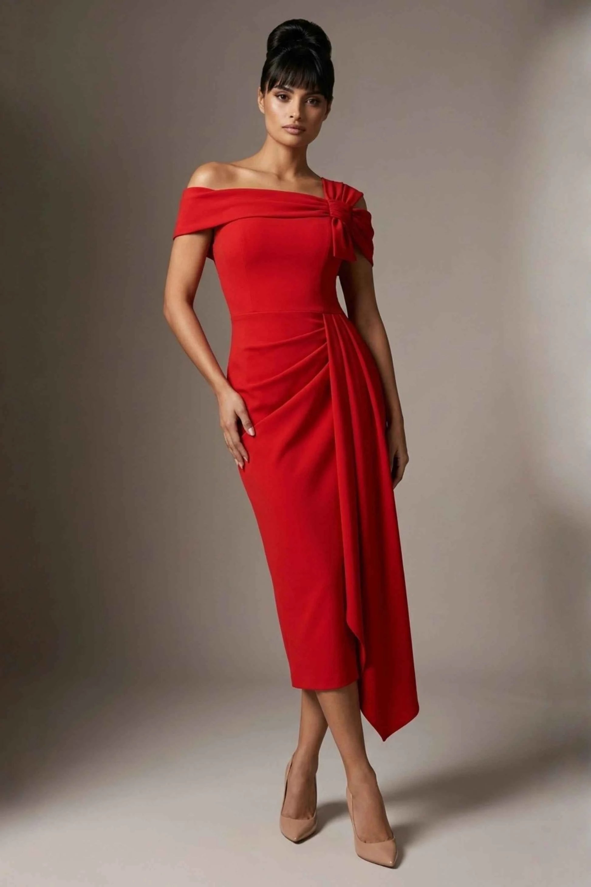 Olina Sculptural Off-The-Shoulder Drape Dress