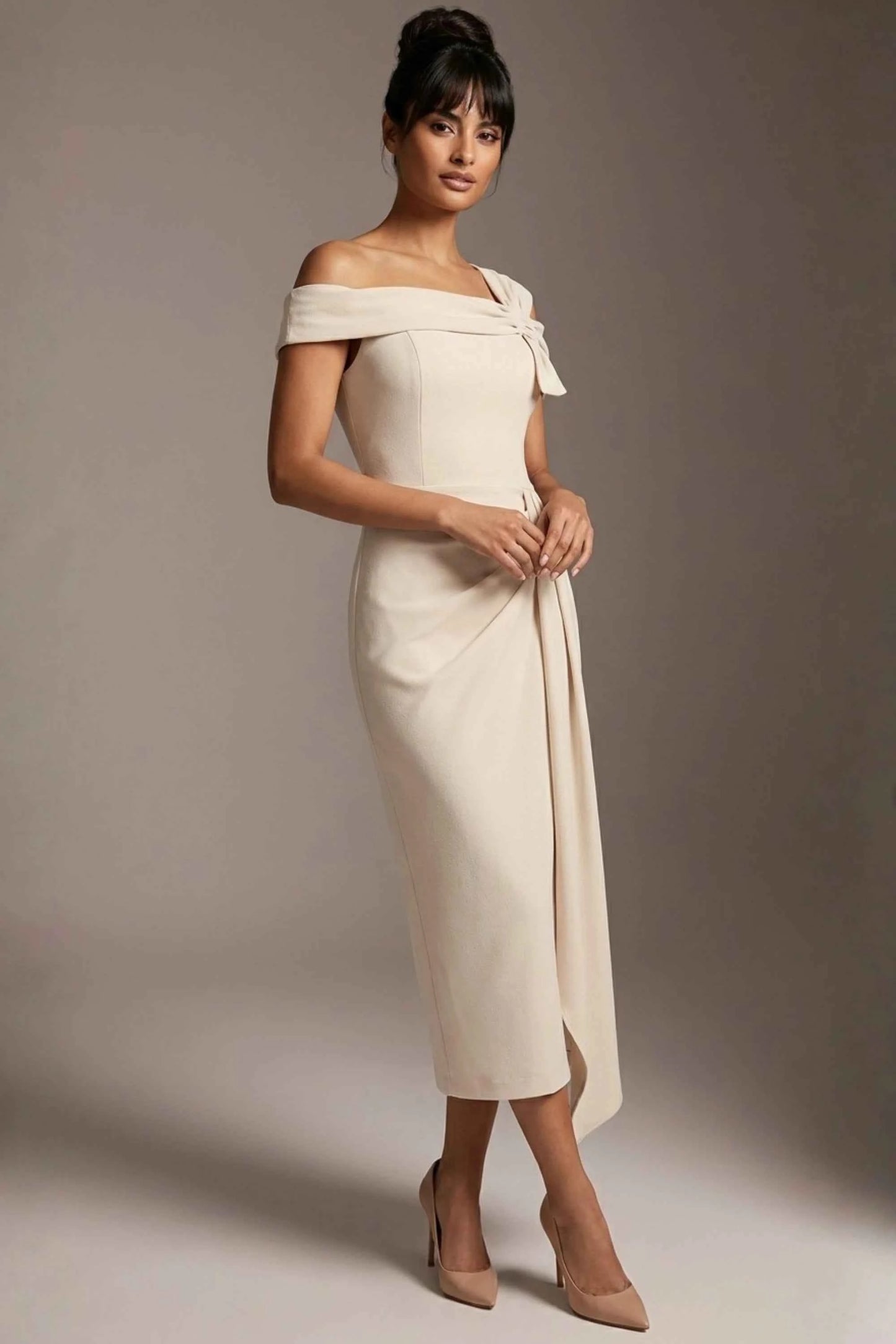 Olina Sculptural Off-The-Shoulder Drape Dress
