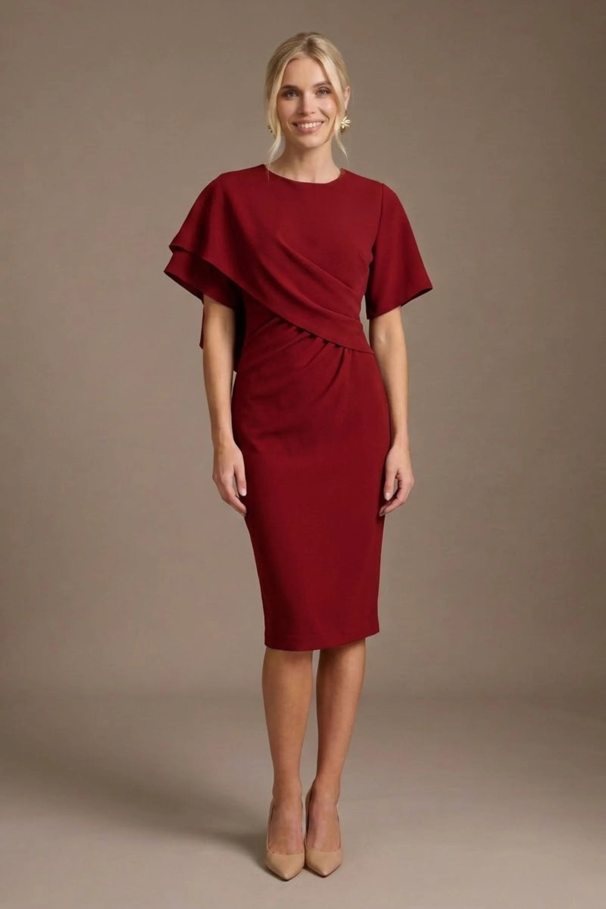 Cypress Asymmetric Cape Detail Pencil Dress