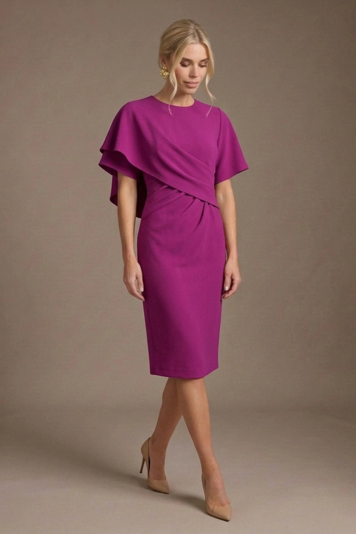 Cypress Asymmetric Cape Detail Pencil Dress