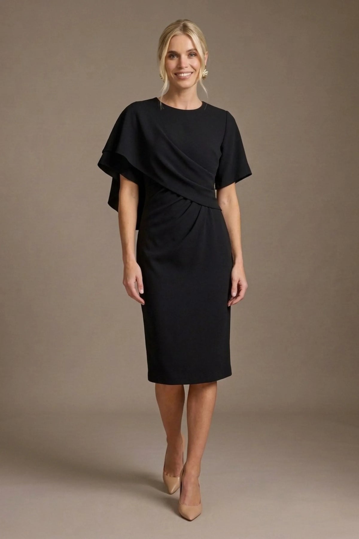 Cypress Asymmetric Cape Detail Pencil Dress