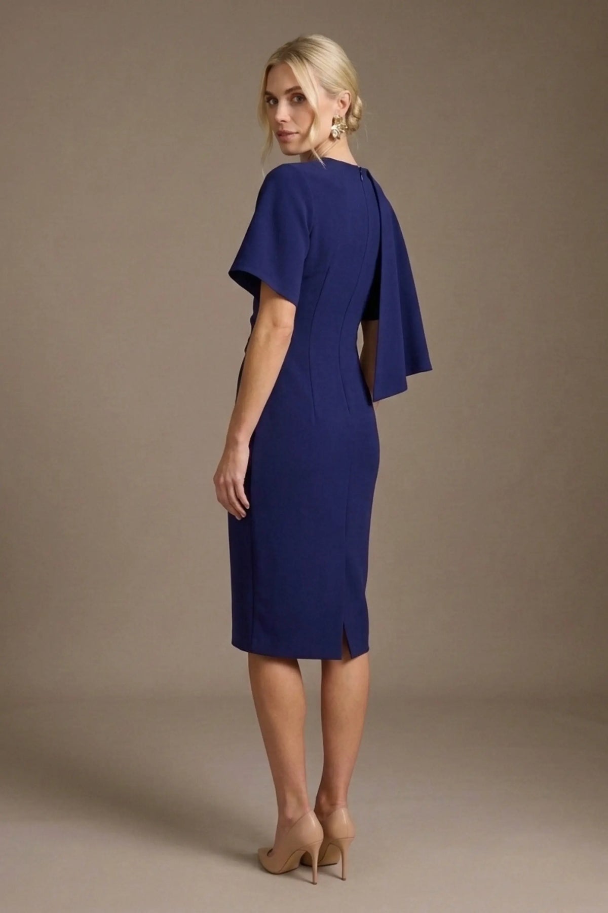 Cypress Asymmetric Cape Detail Pencil Dress