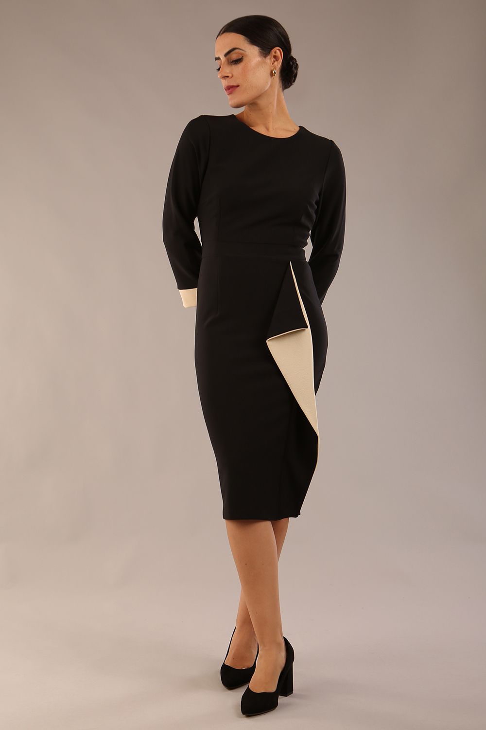 long sleeve business dress Bounty Contrast Pencil Midi Tulle Cocktail Dress Color:GREY MULTI This elegant shirt dress new 2024 lulu b may
