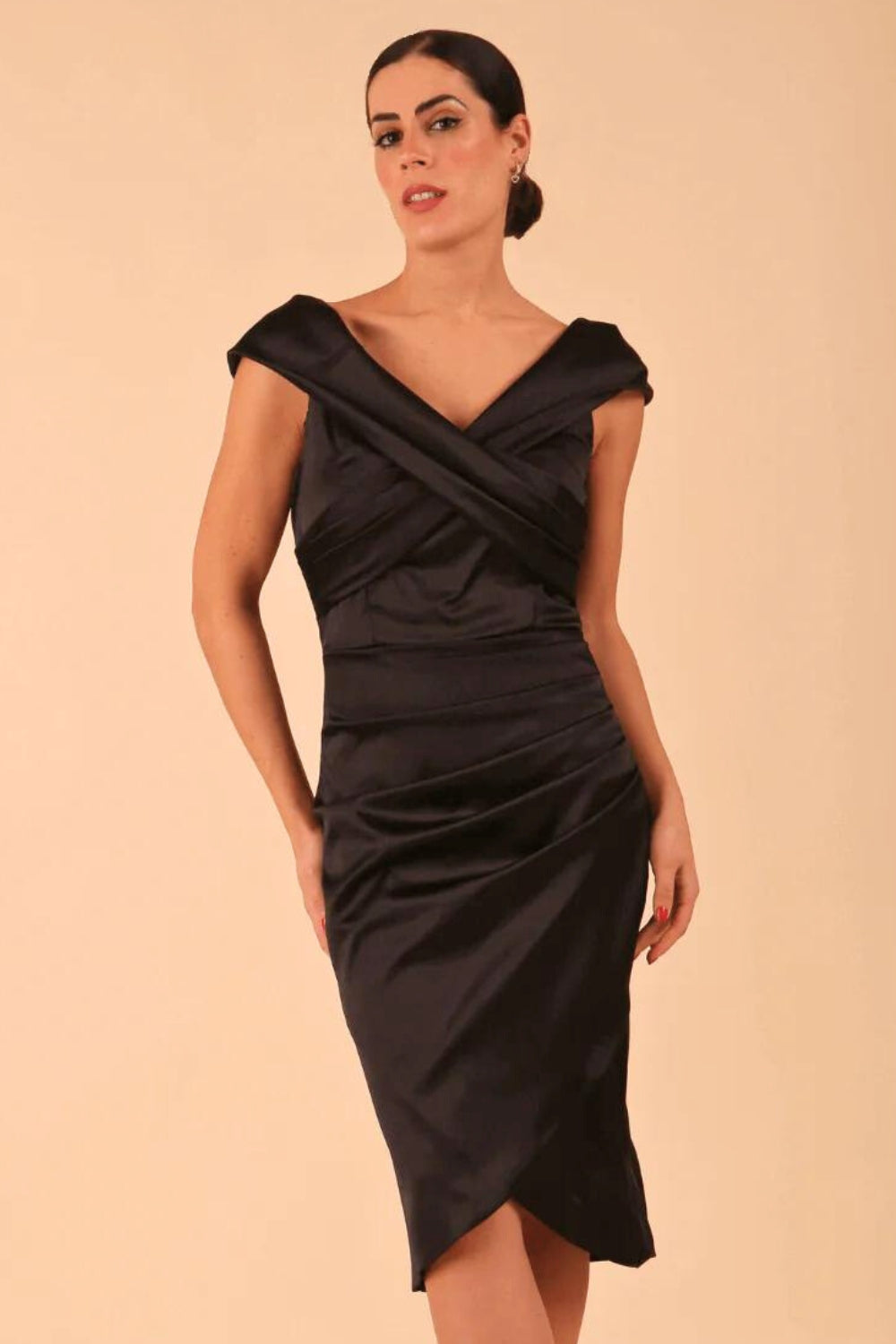 model is wearing diva catwalk casa blanca satin black pencil dress off shoulder design close up
