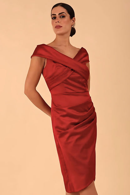 model is wearing diva catwalk casa blanca satin Haute Red pencil dress off shoulder design front