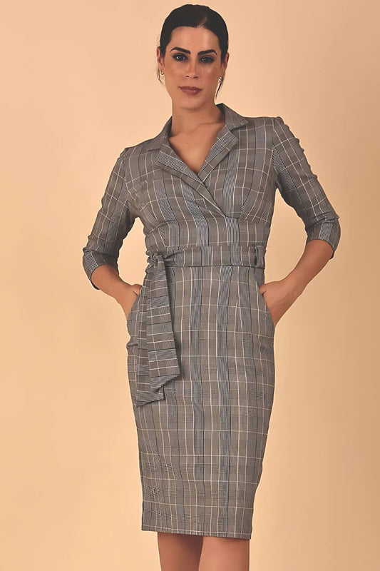 Model wearing the Diva Colette Check dress with collar detail and three quarter length sleeve in Prince of Wales check front image